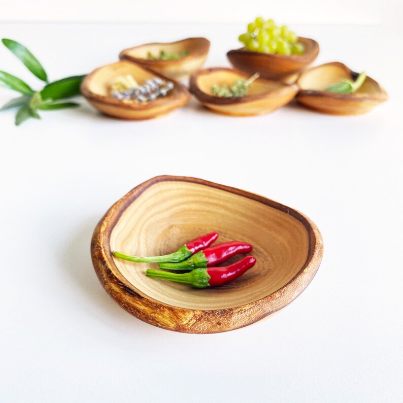 Olive Wood Rustic Mini Bowls, Wooden Live Edge Mini Plates