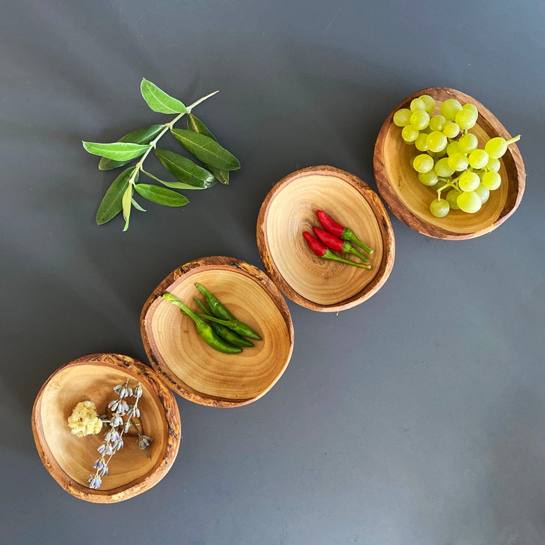 Olive Wood Rustic Mini Bowls, Wooden Live Edge Mini Plates