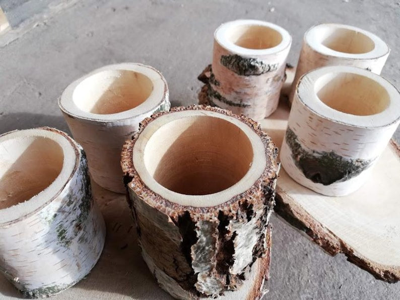Birch Wood Planter – Natural Wooden Flower Pot Rustic Decor (8 cm / 12 cm) Handmade Wood Cup
